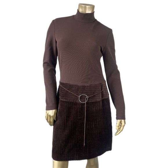 Y2K VINTAGE A.B.S MOCK NECK RIBBED CORDUROY BELTED  LONG SLEEVE DRESS SIZE - Picture 1 of 6